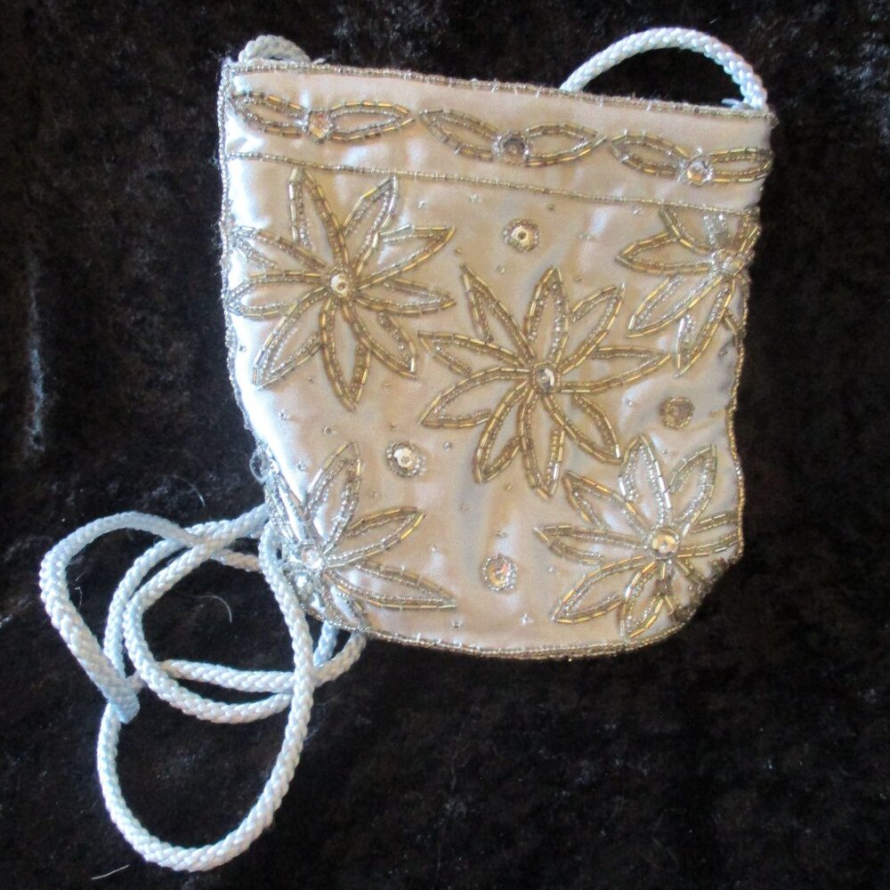 Vintage 1970's Simply Style Pastel Blue Satin Beaded Bucket Crossbody Handbag